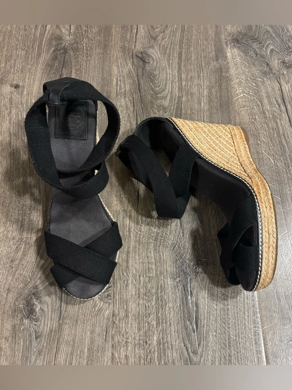 Tory Burch Adonis Elastic High Wedge 4.5”Espadrilles Black Womens size 11B ISSUE